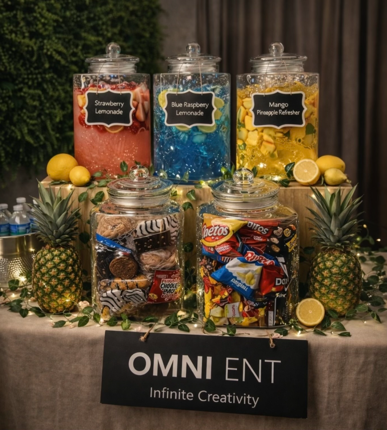 Botanical Beverage Bar setup with refreshers and styled snacks
